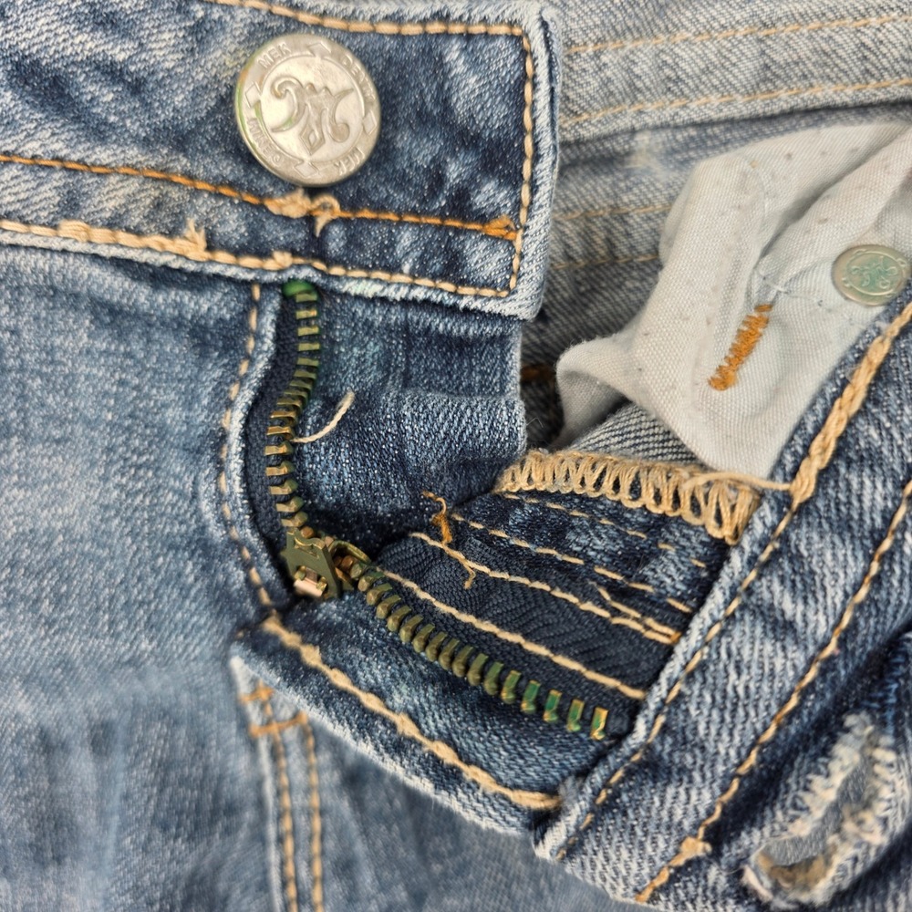 MEK Denim Easter Island Medium Wash Bootcut Jeans Blue Low Rise 27x32 Distressed - Picture 6 of 11